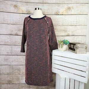Talbots Tweed Shift Dress Navy Red 3/4 Sleeve Gold Toned Buttons Size Large‎